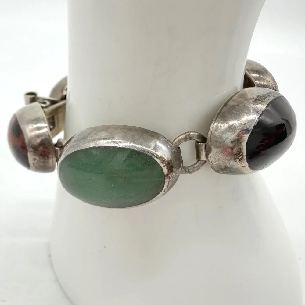 Vintage Taxco Mexico T2-17 Sterling Silver 925 Multi-Gemstone Bracelet 6